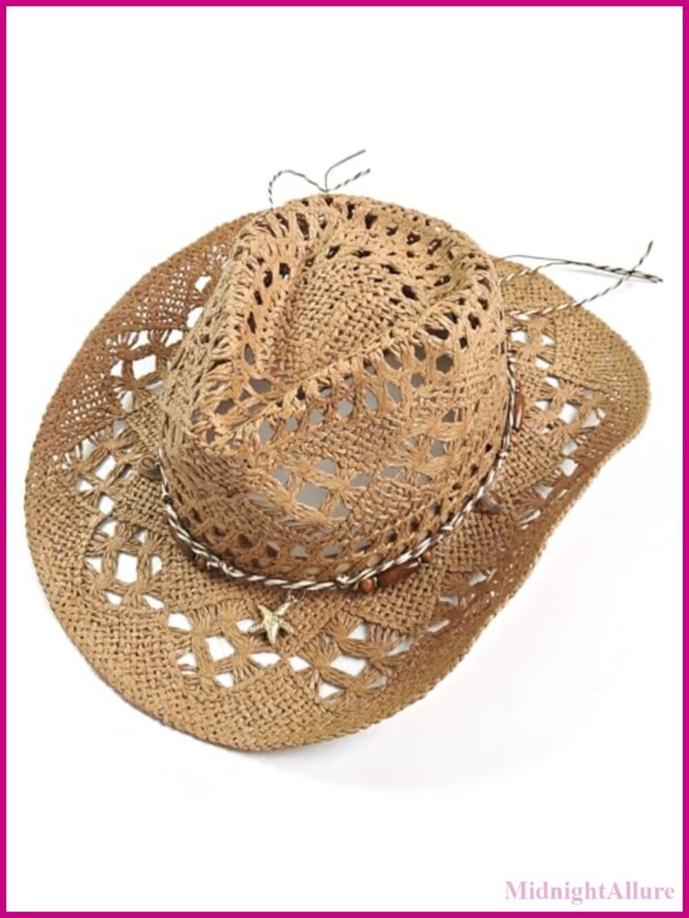 Straw Cowboy Hat Crochet Wide Brim Beaded Band Western Sun Hat